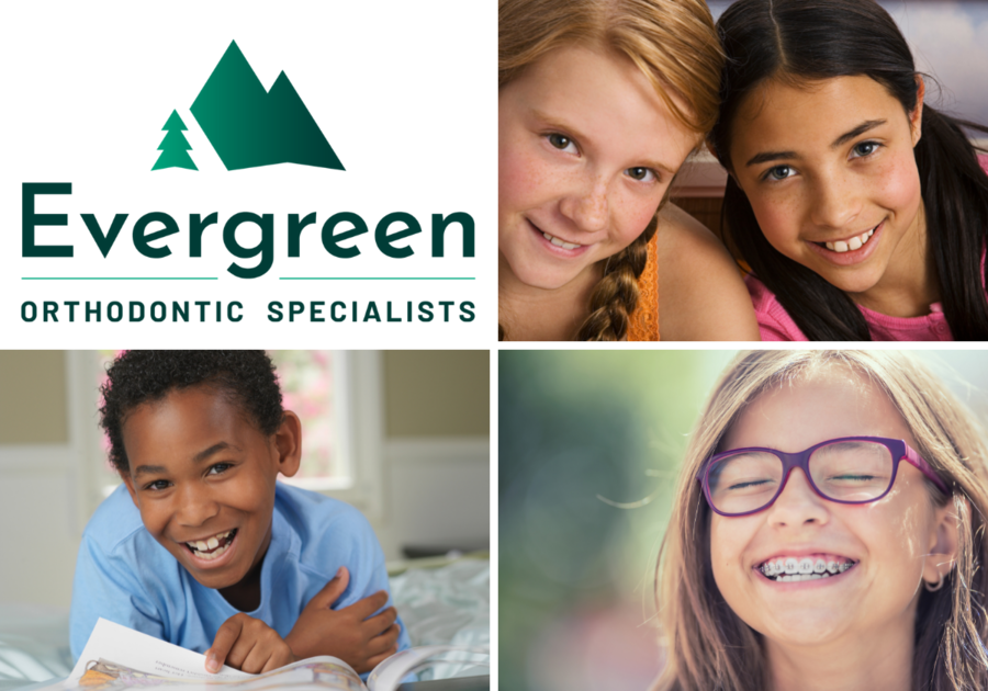 Teens smiling with braces and Evergreen Orthodontic Specialists logo