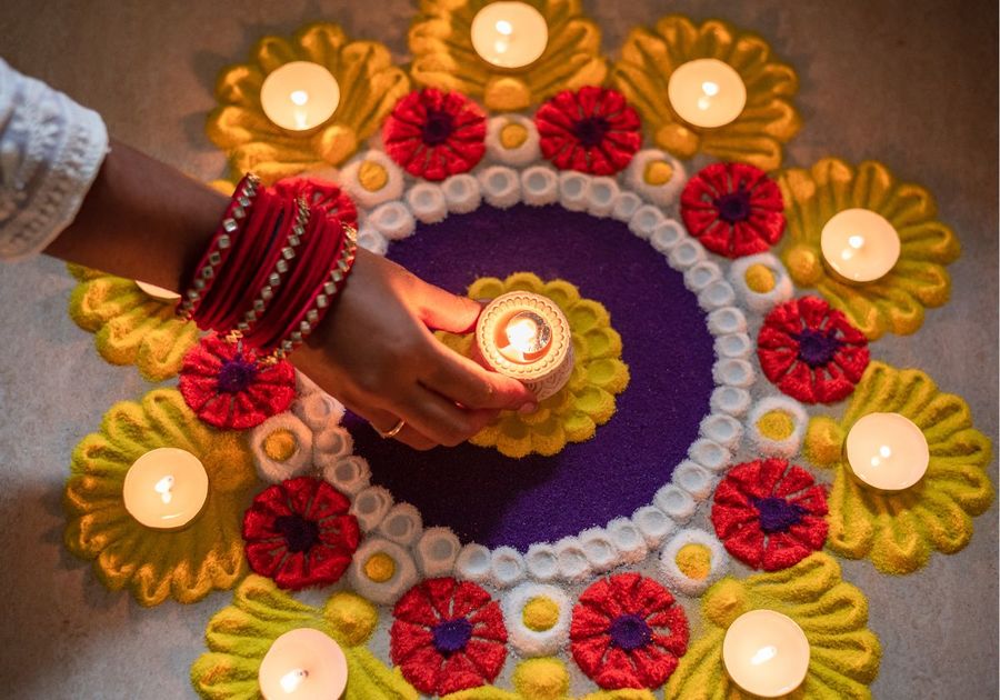 Rangoli Flower with Candles on Floor by Neena Majumdar from Studio India 