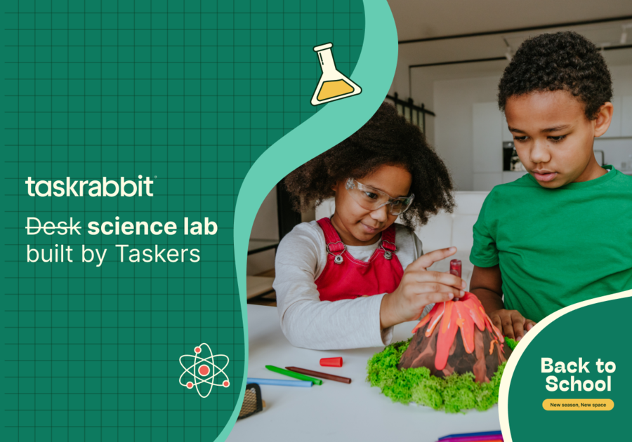 image of children working on a science project with words: taskrabbit science lab built by Taskers. Back to School