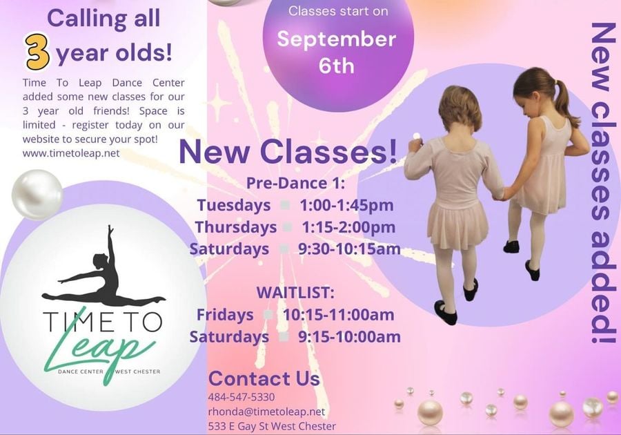 Time to Leap 2024 Fall Classes Calling all 3 Year Olds with class listings