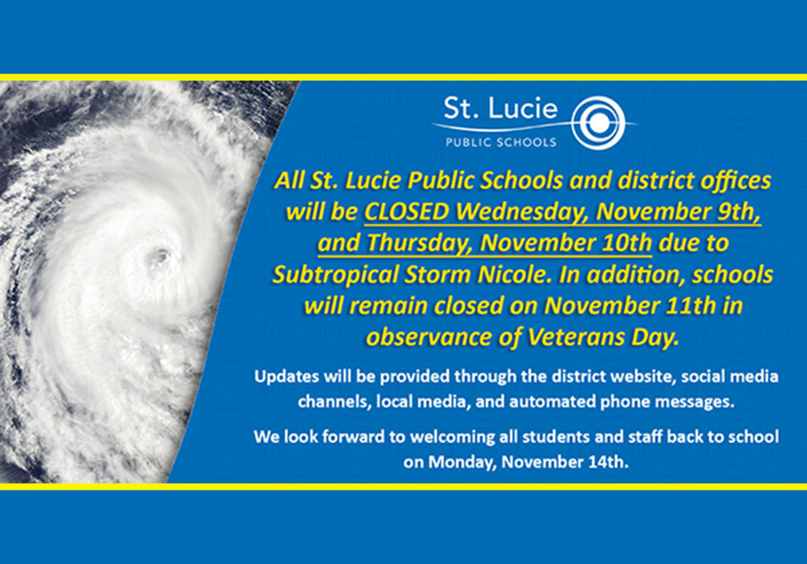 St. Lucie Public Schools Hurricane Nicole School Closing Announcement, 11/2022