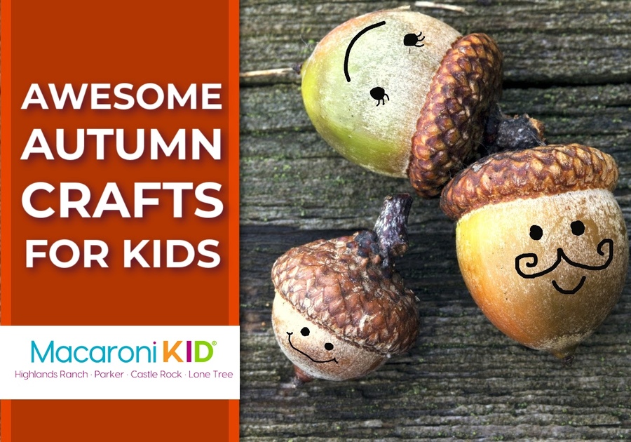 acorns decorated with faces and text that reads awesome autumn crafts for kids with the macaroni kid douglas county logo