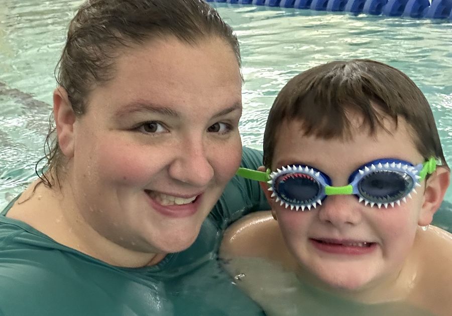 Woman and child in pool