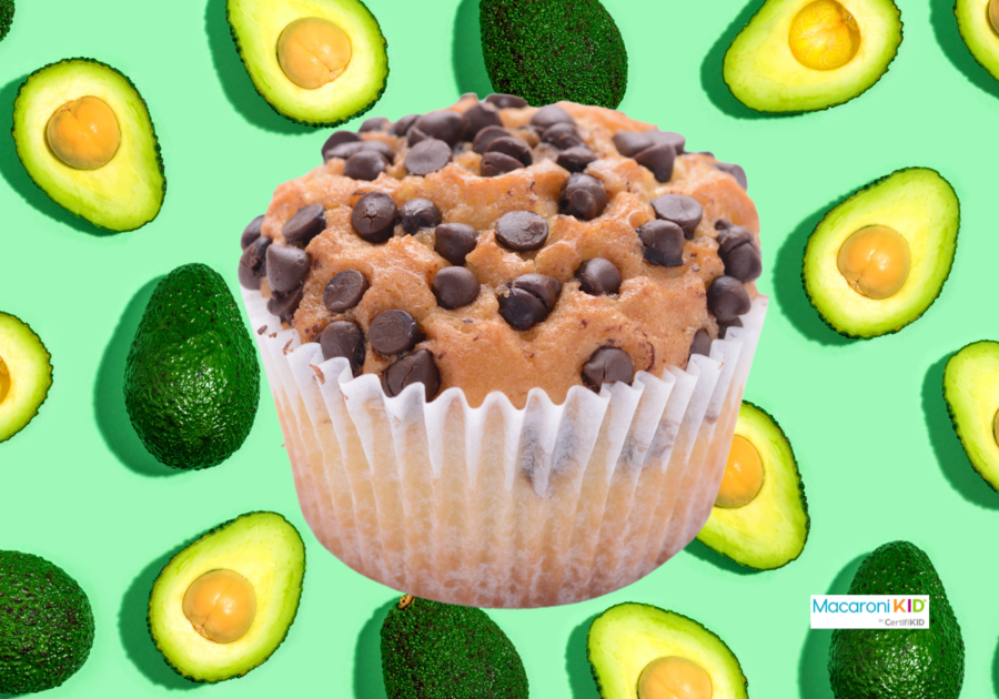 chocolate chip muffin with avocado background