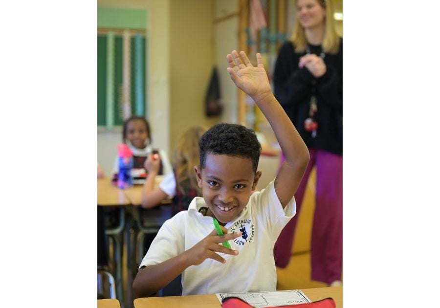 boy raising his hand in class