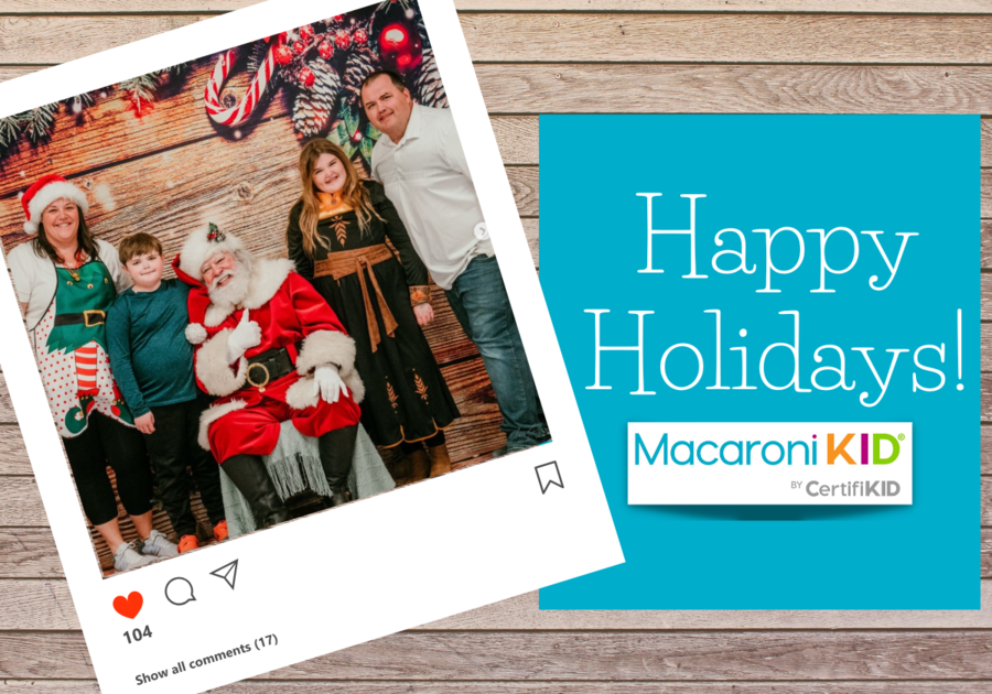 Happy Holidays image featuring Macaroni KID Thornton publisher Susan Troy and family