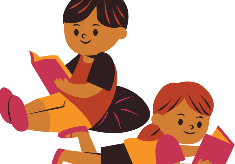 drawing of boy and girl reading books