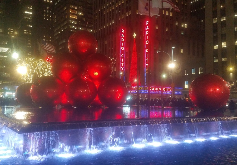 giant ornaments in front of Radio City