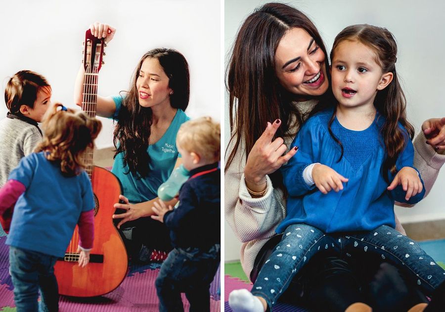 woman showing kids a guitar