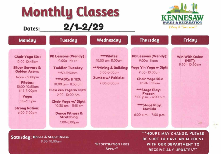 Kennesaw Parks and Rec Monthly Classes