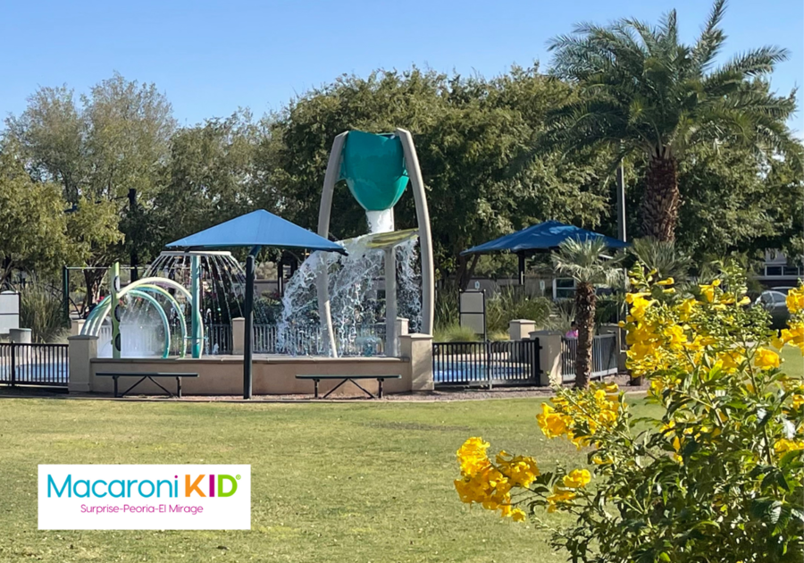 Splash Pad, grass and plants at a park