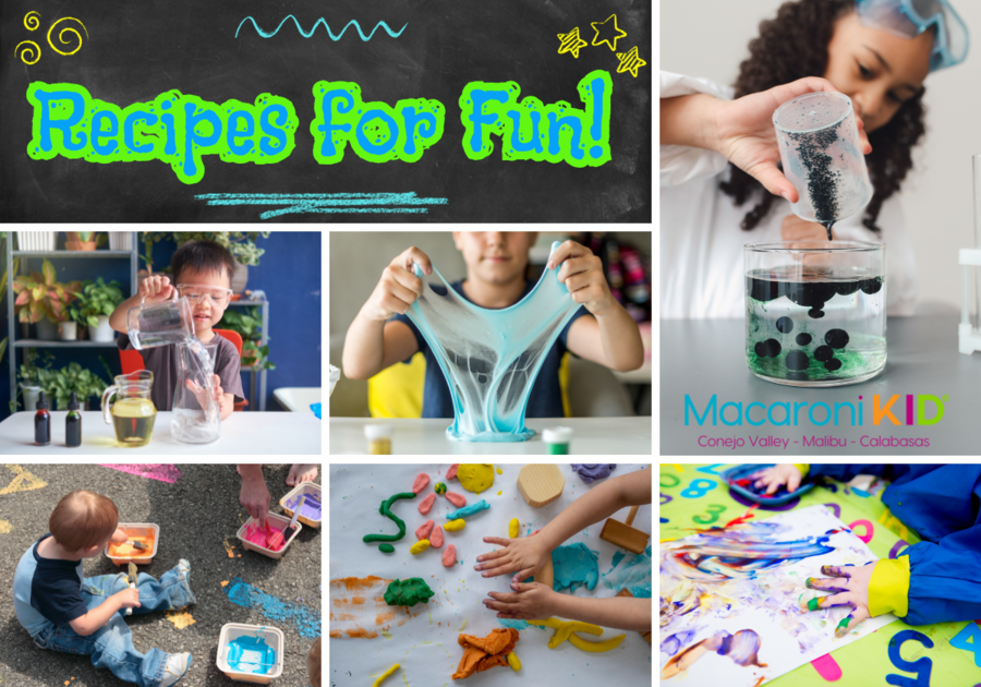 Recipes for Fun, photos of kids doing science experiments, playing with slime, chalk paint and playdough