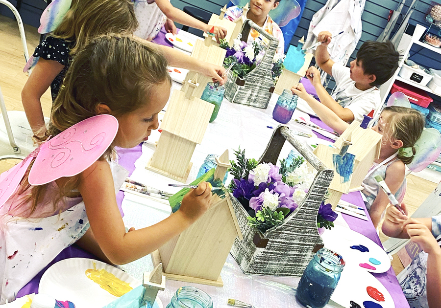 children painting fairy houses at Createry Workshop birthday party