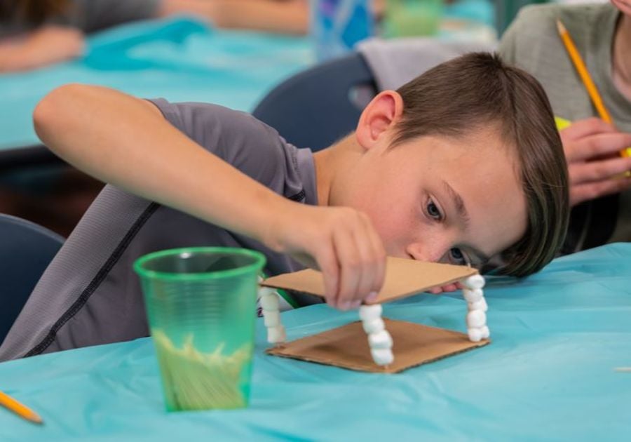 Child building a structure with marshmallows