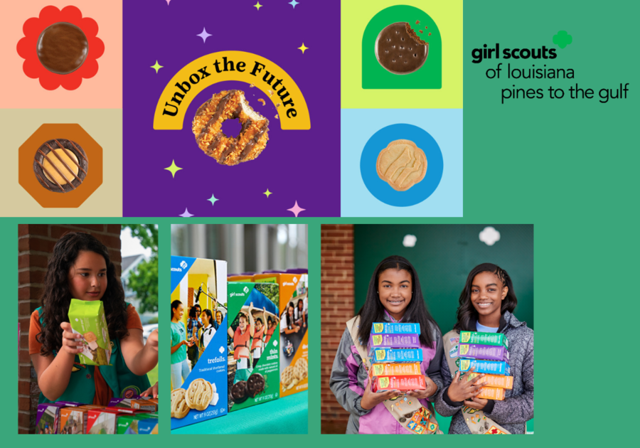 images of local girl scout troups on green background featuring girl scout cookies