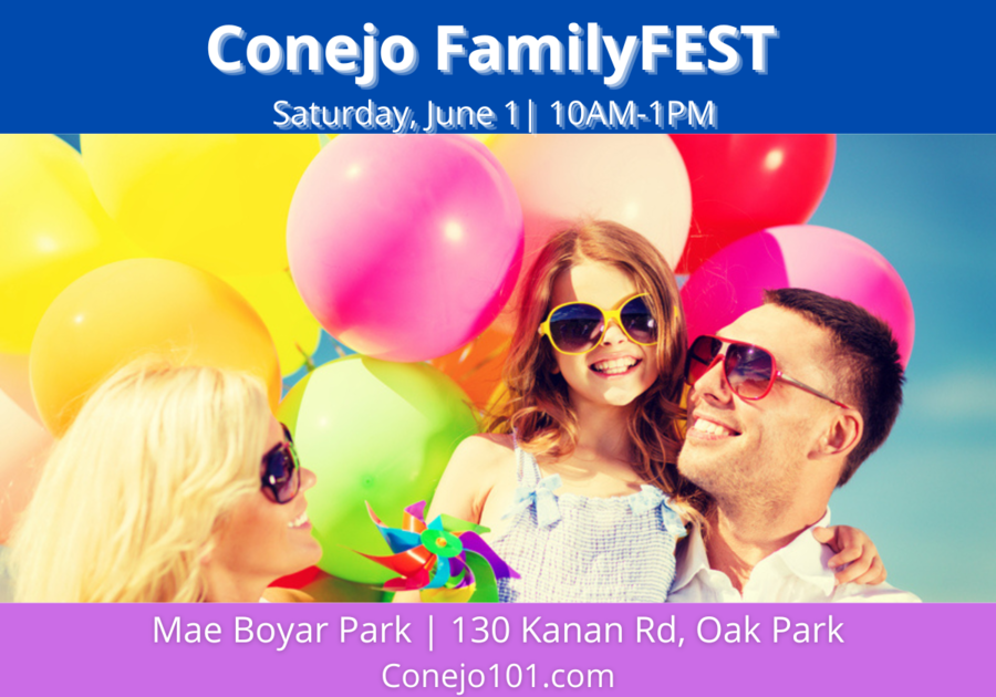 Mom and dad holding daughter all smiling with colorful balloons behind them. Conejo FamilyFEST, Saturday, June 1 | 10am-1pm, Mae Boyar Park, 130 Kanan Rd, Oak Park Conejo101.com