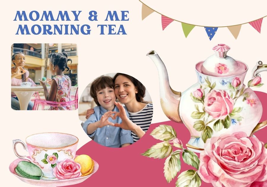 Pink & White teapot & tea cup with Moms & Kids in frame cutouts