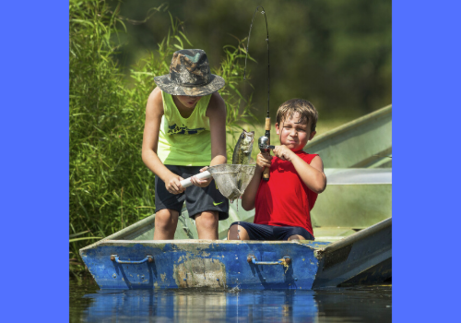 Free fishing day for Alabama is June 13th, 2020, photo showing two kids fishing in a blue boat