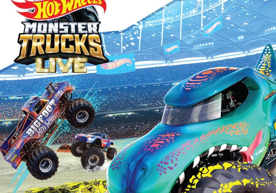 From left to right 3 Hot Wheels Monster trucks in the air in the center of the area text in image Hot Wheels Monster Trucks Live