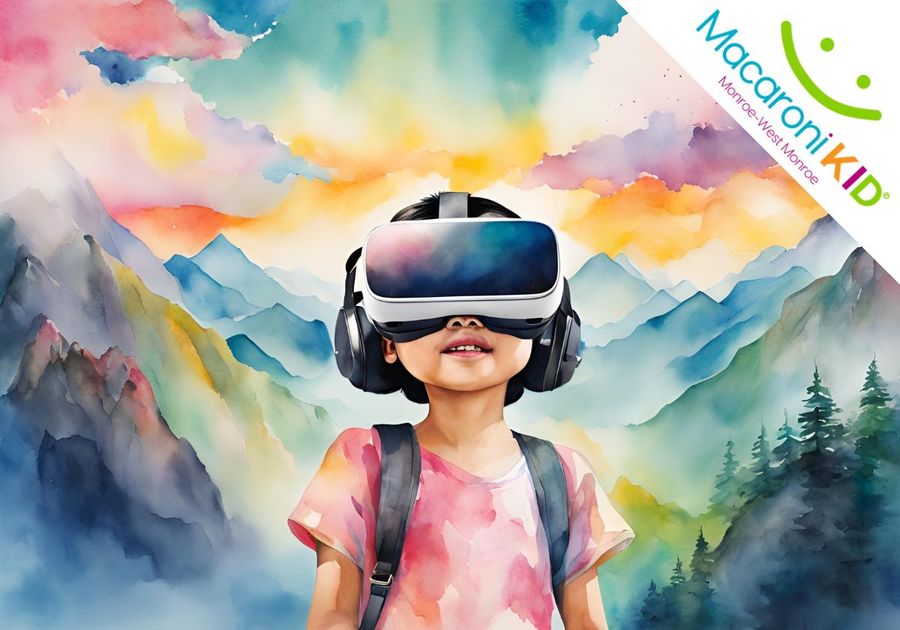 A young boy standing in the mountains with VR headset on.