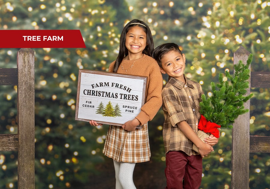 Family with young kids in front of decorated Christmas tree, holiday portraits at JCPenney