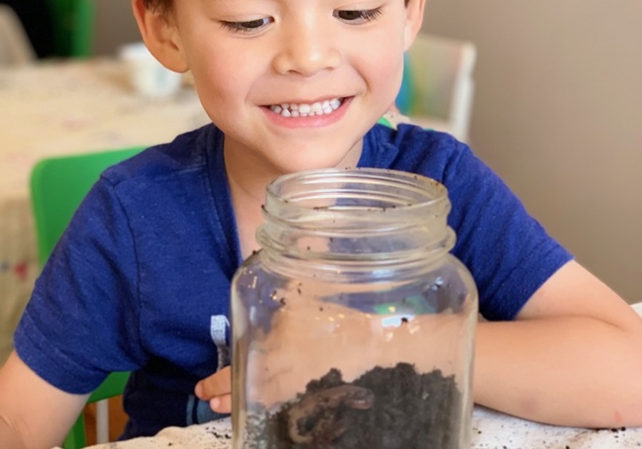 little boy with jar with soil in it