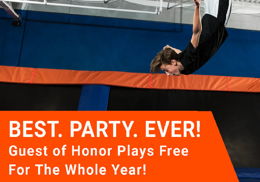 Person jumping on indoor trampoline at Sky Zone Parker. Added text says 