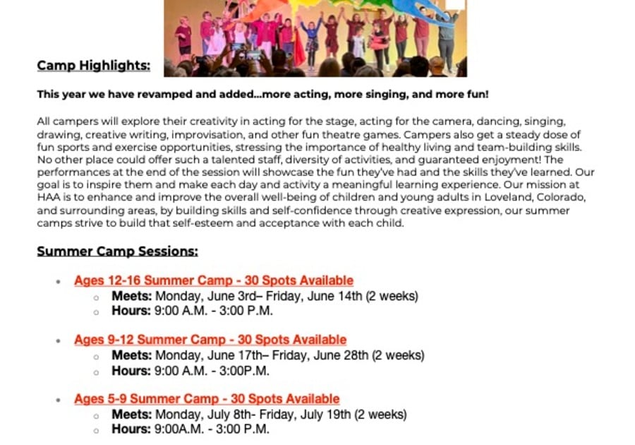 NoCoPA HAA Summer Camp flyer