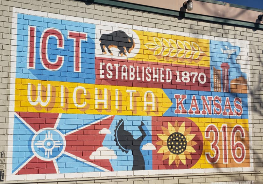 mural, Wichita, KS, Keeper of the Plains, sunflower, buffalo, flag, 316