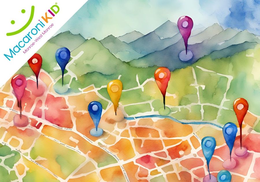 AI Generated Watercolor artwork that looks like a make with very colorful map pins with mountains in the background.