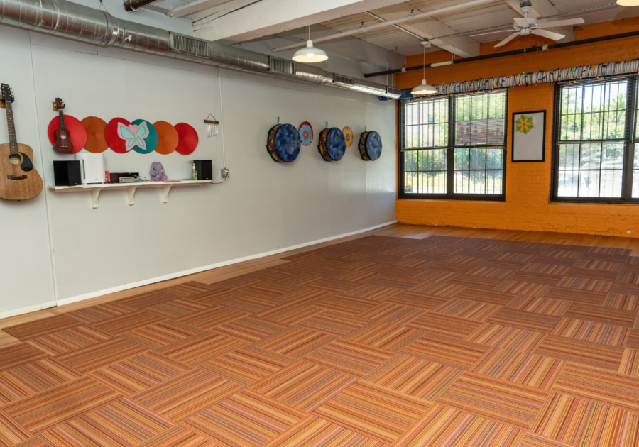 dance floor with musical instruments on wall