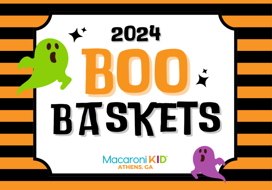 Black and orange background with white text box, bold text and green/purple ghosts