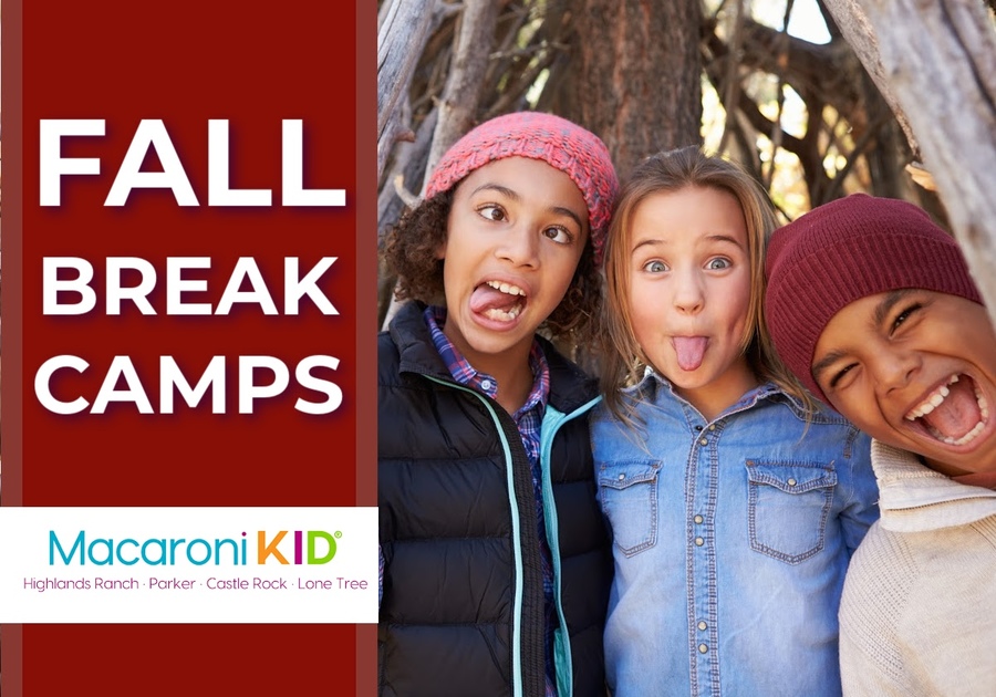 three kids dressed for autumn weather and making silly faces with text that says fall break camps