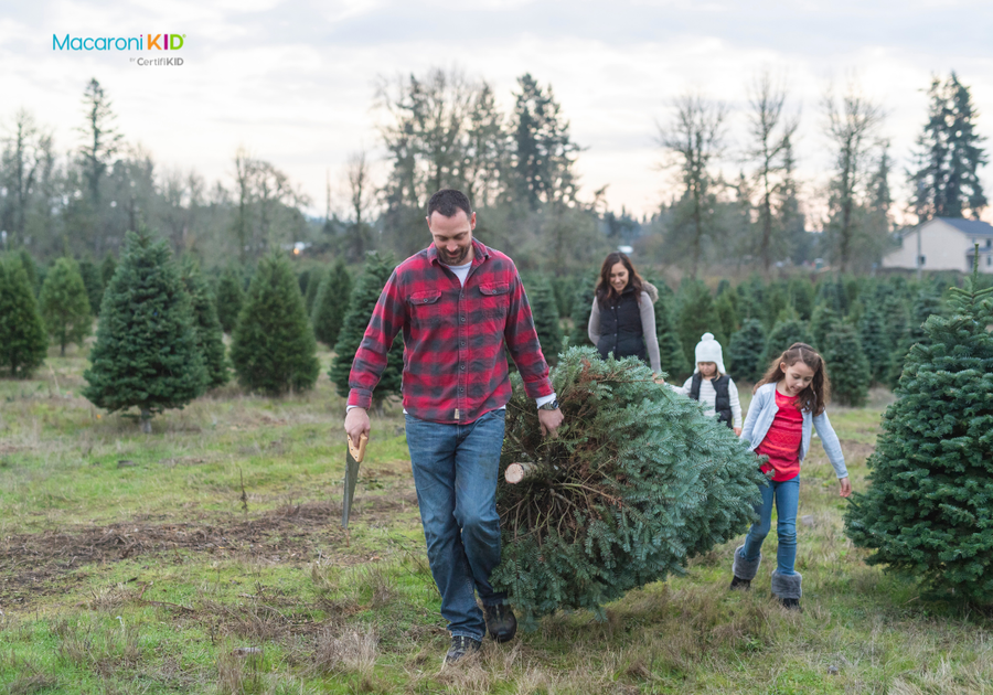 Man with saw in right hand and dragging pine tree in left followed by children and wife. All have smiles walking toward lens.