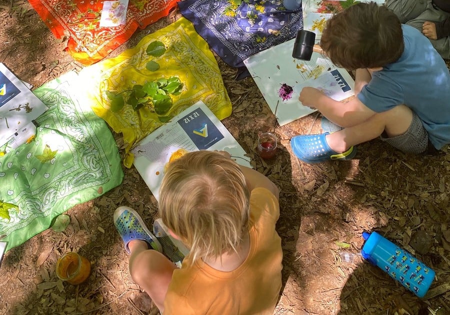 children making color for paint with nature finds