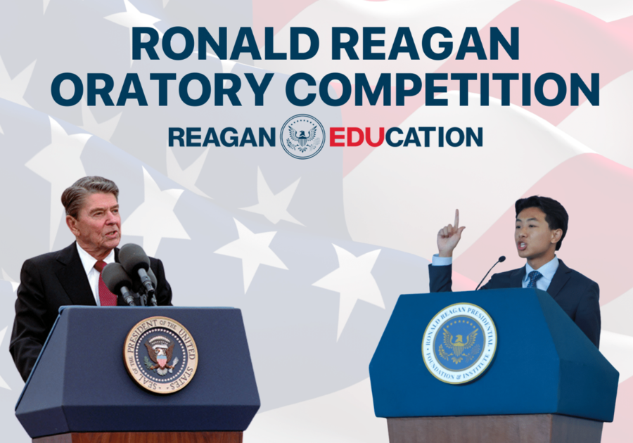 Reagan Oratory Competition | Reagan EDUcation image of Ronald Reagan at the presidential podium and a student at a presidential podium with a faint flag waiving in the background