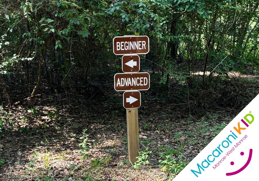 Picture of a sign having cyclists choose a beginner or advanced trail.