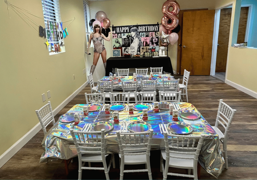 New Party Room with Taylor Swift image, tables, chairs