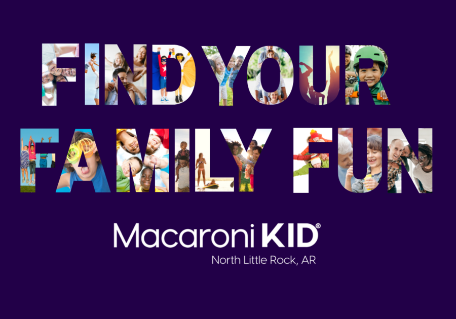 Find Your Family Fun on dark purple square background and Macaroni KID North Little Rock logo in white