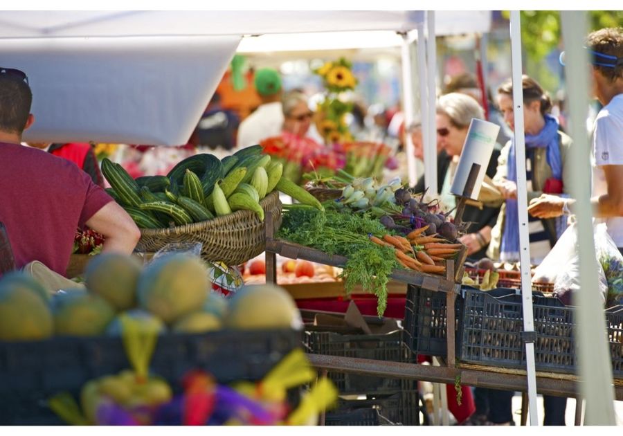 People browsing vegetables at various Farmers Market booths