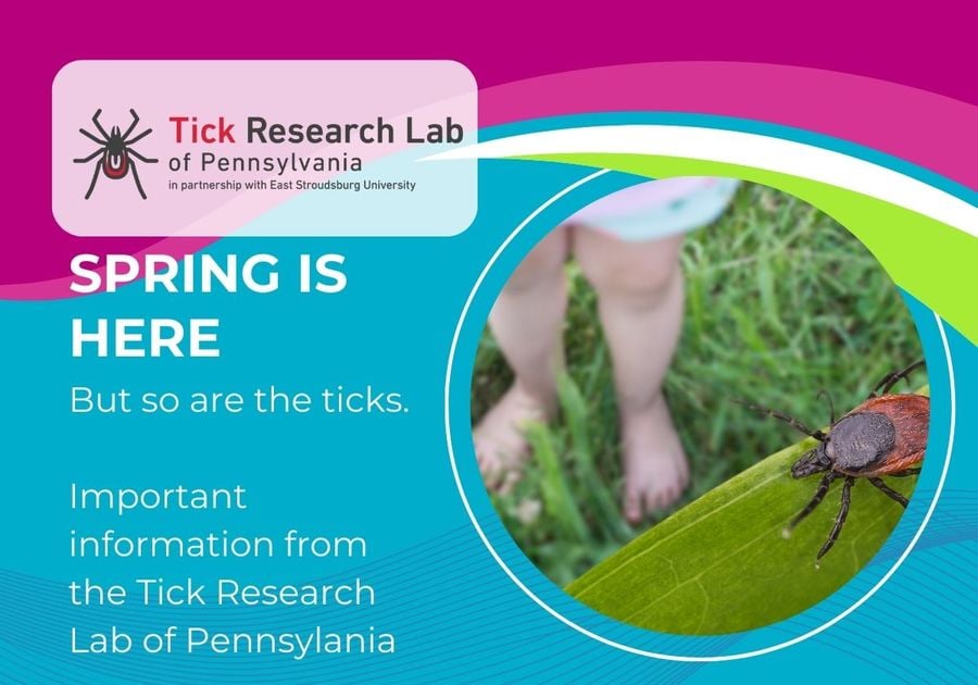 A promotional image from the Tick Research Lab of Pennsylvania featuring a close-up of a tick on a leaf and a child standing barefoot in grass, warning about tick season in spring.