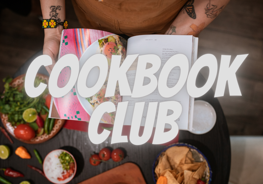 Woman holding a cookbook. Text says Cookbook Club.