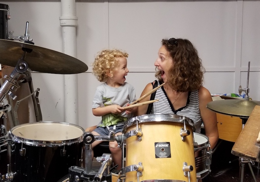 young boy and mother playing drums at berkshire music school