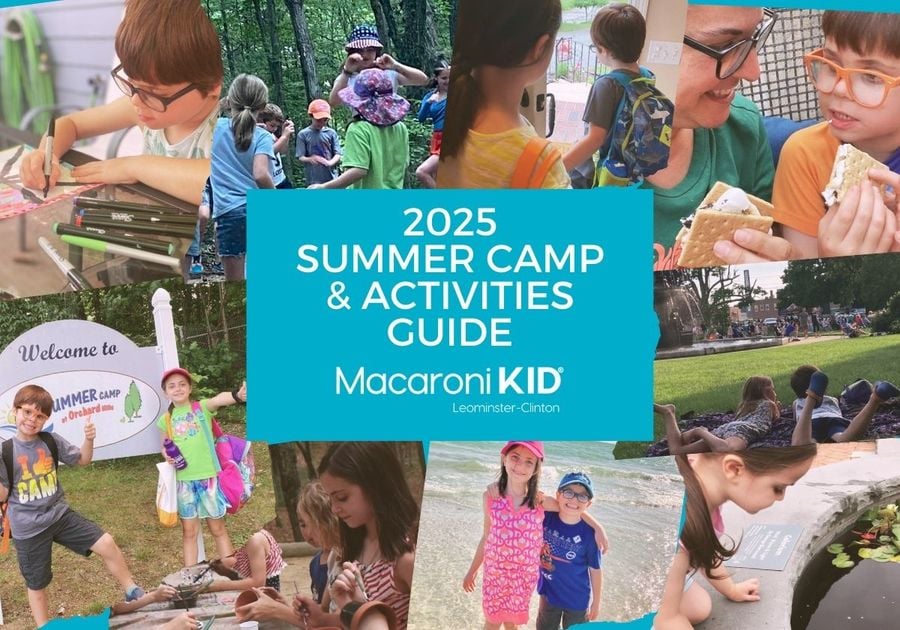 Text reads Summer Camp and Activities Guide and has a collage of photos of kids doing activities usually at camp