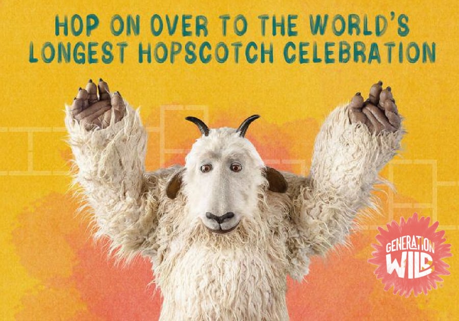 Wilder, Generation Wild's spokescreature that looks like a mountain goat, is holding up his arms near text that reads hop on over to the world's longest hopscotch celebration