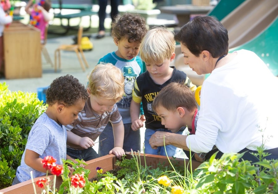 prek boys with teacher gardening outside