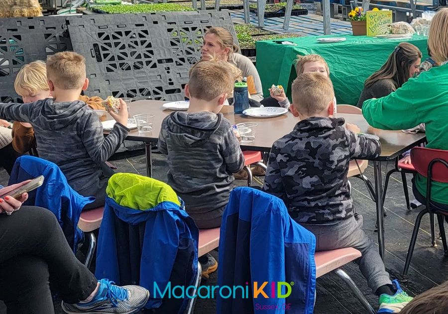 Children sitting at table eating snack at a farm