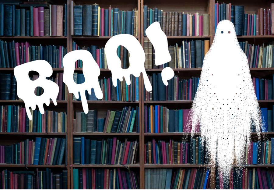 Ghost shouting boo in the library