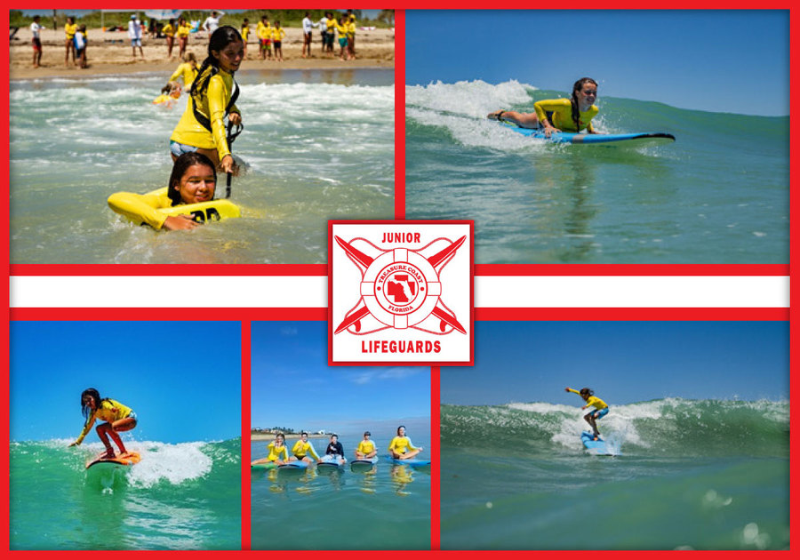 Junior Lifeguards Collage of Summer Campers in the water and surfing