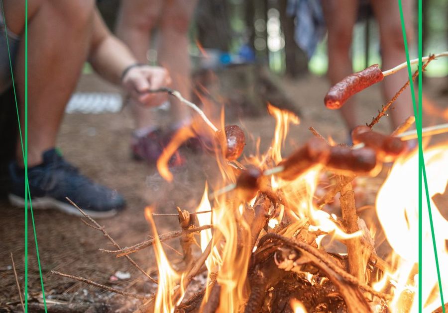 Show a photo of kids cooking hot dogs over a camp fire.